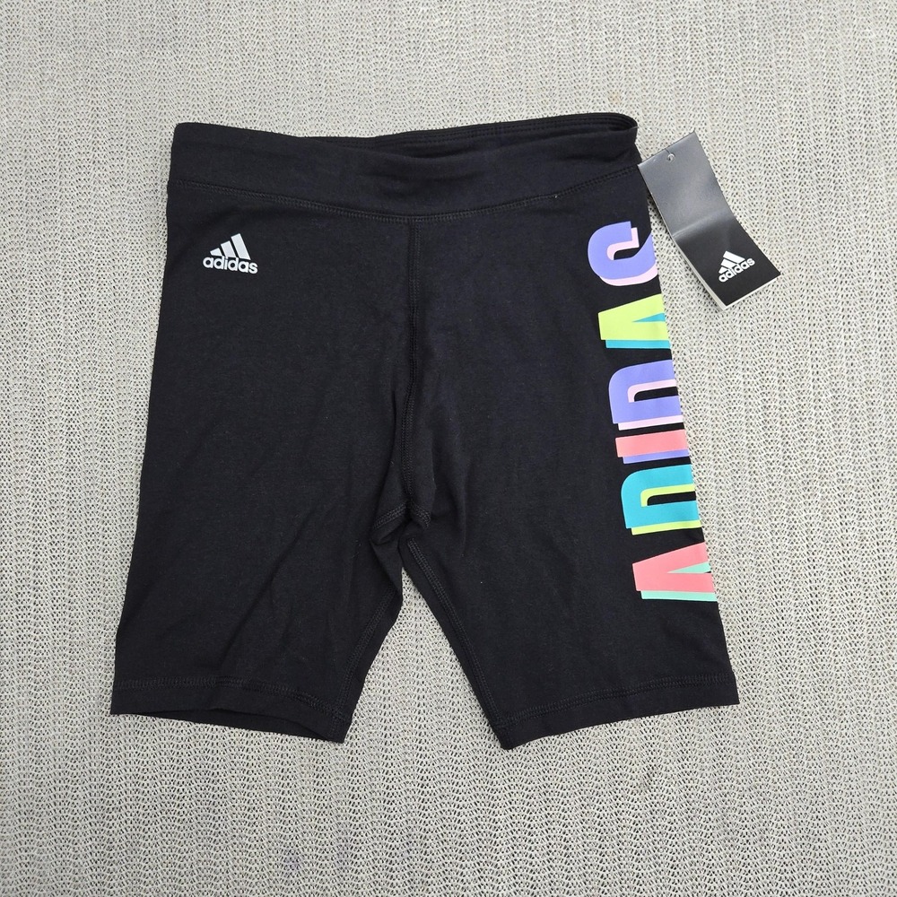 Adidas Shorts Girls Large Black Bike Biker Rainbow ADIDAS Logo Cotton Stretch